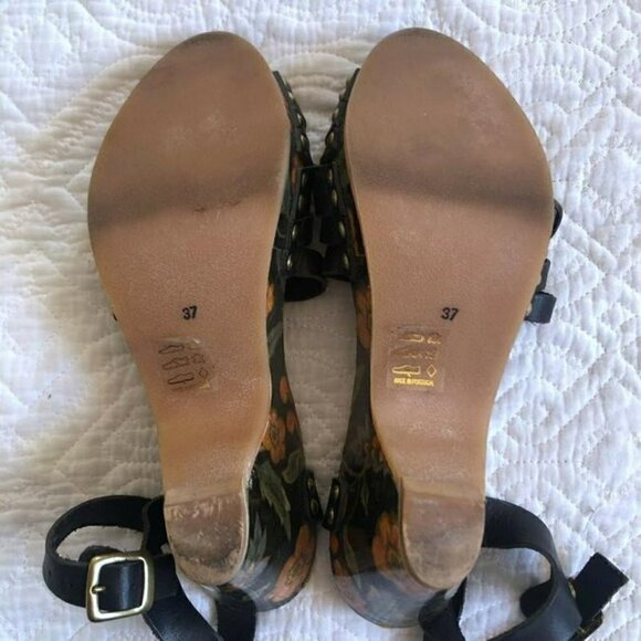 Isabel Marant Black Bianaca Leather Wooden Wedge Floral Print Sandals Eu 37 - Picture 12 of 12